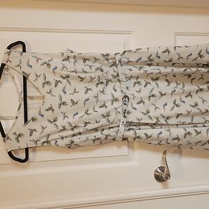 eShakti Blue Bird Print Cotton Midi Dress Sleeveless Fit N Flare With Pockets